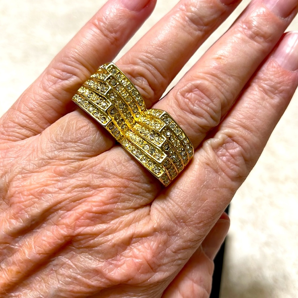 BOUTIQUE 2 FINGER MODERN CRYSTAL GEOMETRIC GOLD TONE RING